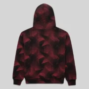 Back view of the Sp5der Plaid Splatt hoodie in black featuring a red and black geometric star-themed plaid pattern.