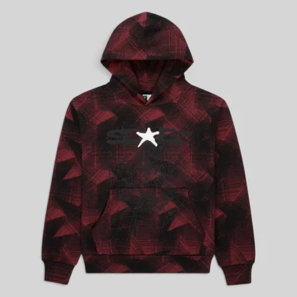 Sp5der Archive Exclusive Black Plaid Splatt Hoodie featuring signature web graphics and a white star logo on the front.