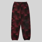 Front view of the Sp5der Plaid Splatt Sweatpants in Black featuring a unique red and black patterned graphic design.