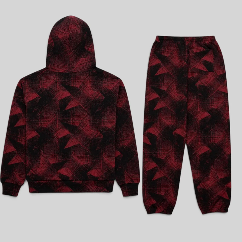 Back view of the Sp5der Plaid Splatt Tracksuit in Black featuring a heavy cotton fleece matching hoodie and sweatpants.