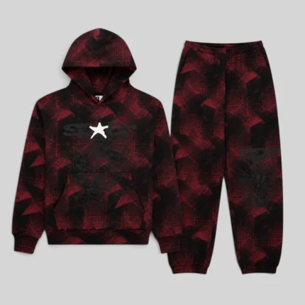 Sp5der Plaid Splatt Tracksuit in Black featuring a signature heavyweight cotton fleece hoodie and matching pants set.