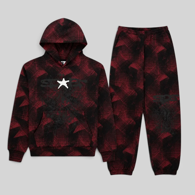 Sp5der Plaid Splatt Tracksuit in Black featuring a signature heavyweight cotton fleece hoodie and matching pants set.