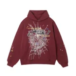 Front view of the Sp5der P*nk Hoodie in a bold maroon color featuring a white spiderweb design and iconic branding.
