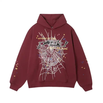 Front view of the Sp5der P*nk Hoodie in a bold maroon color featuring a white spiderweb design and iconic branding.