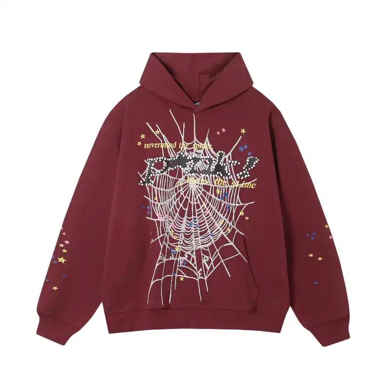 Sp5der Pnk Hoodie Maroon Front View Front view of the Sp5der P*nk Hoodie in a bold maroon color featuring a white spiderweb design and iconic branding.