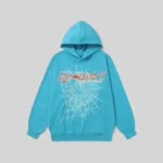 Sp5der Punk V2 Hoodie in Sky Blue with front spider web graphic and logo detail from the Sp5der Archive collection.