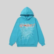 Sp5der Punk V2 Hoodie in Sky Blue with front spider web graphic and logo detail from the Sp5der Archive collection.