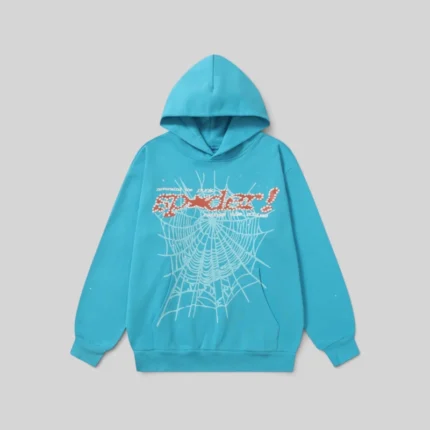 Sp5der Punk V2 Hoodie in Sky Blue with front spider web graphic and logo detail from the Sp5der Archive collection.
