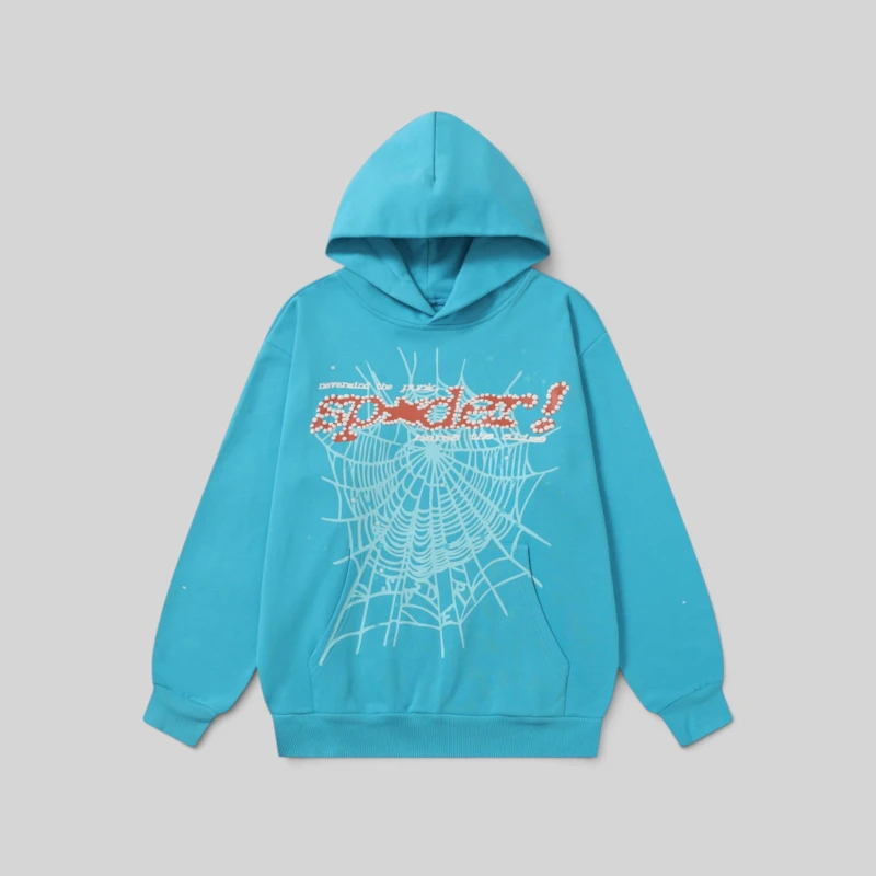 Sp5der Punk V2 Hoodie Sky Blue Front View Sp5der Punk V2 Hoodie in Sky Blue with front spider web graphic and logo detail from the Sp5der Archive collection.