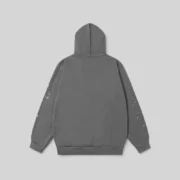 Back view of the premium grey Sp5der Punk V2 hoodie featuring a 13oz cotton fleece construction and star graphics.