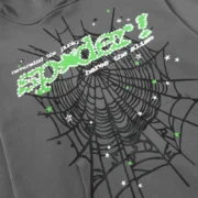 Close-up view of the Sp5der Punk V2 Hoodie in grey, featuring the iconic green puff print web graphic on the front.