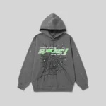 Front view of the grey Sp5der Punk V2 hoodie featuring a signature green web graphic and star print on cotton fleece.