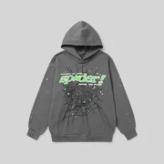 Front view of the grey Sp5der Punk V2 hoodie featuring a signature green web graphic and star print on cotton fleece.
