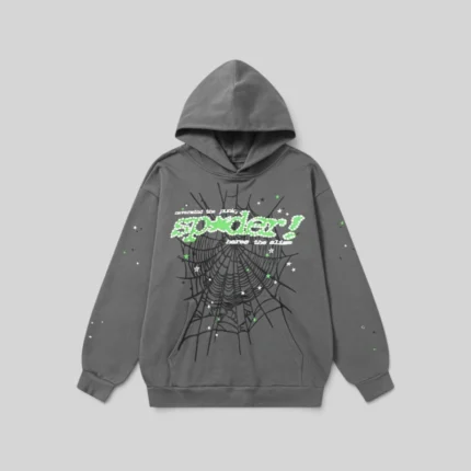 Front view of the grey Sp5der Punk V2 hoodie featuring a signature green web graphic and star print on cotton fleece.