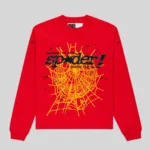 Front view of the Sp5der Punk V2 long sleeve t-shirt in red featuring a yellow spider web and black graphic logo.