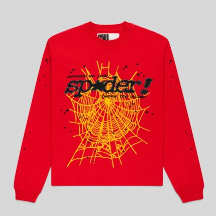 Front view of the Sp5der Punk V2 long sleeve t-shirt in red featuring a yellow spider web and black graphic logo.