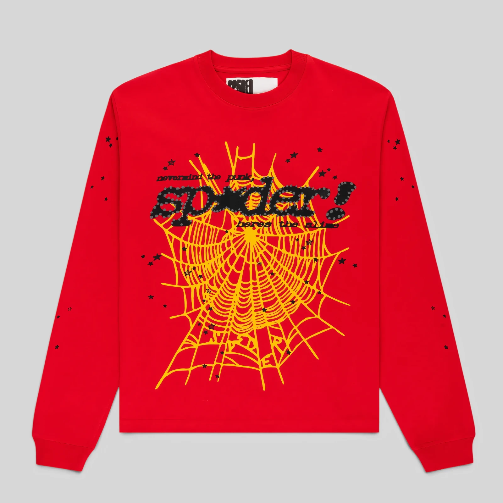 Front view of the Sp5der Punk V2 long sleeve t-shirt in red featuring a yellow spider web and black graphic logo.