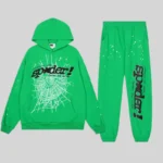 Sp5der Punk V2 Rhinestone Tracksuit in Bright Green featuring a matching hoodie and sweatpants with star graphics.
