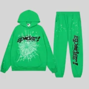 Sp5der Punk V2 Rhinestone Tracksuit in Bright Green featuring a matching hoodie and sweatpants with star graphics.