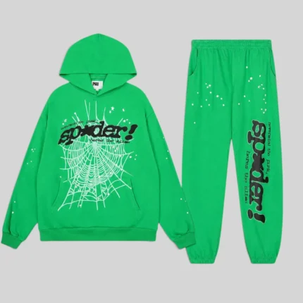 Sp5der Punk V2 Rhinestone Tracksuit in Bright Green featuring a matching hoodie and sweatpants with star graphics.