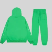 Back view of the Sp5der Punk V2 Rhinestone tracksuit in Bright Green, showcasing the matching hoodie and sweatpants.