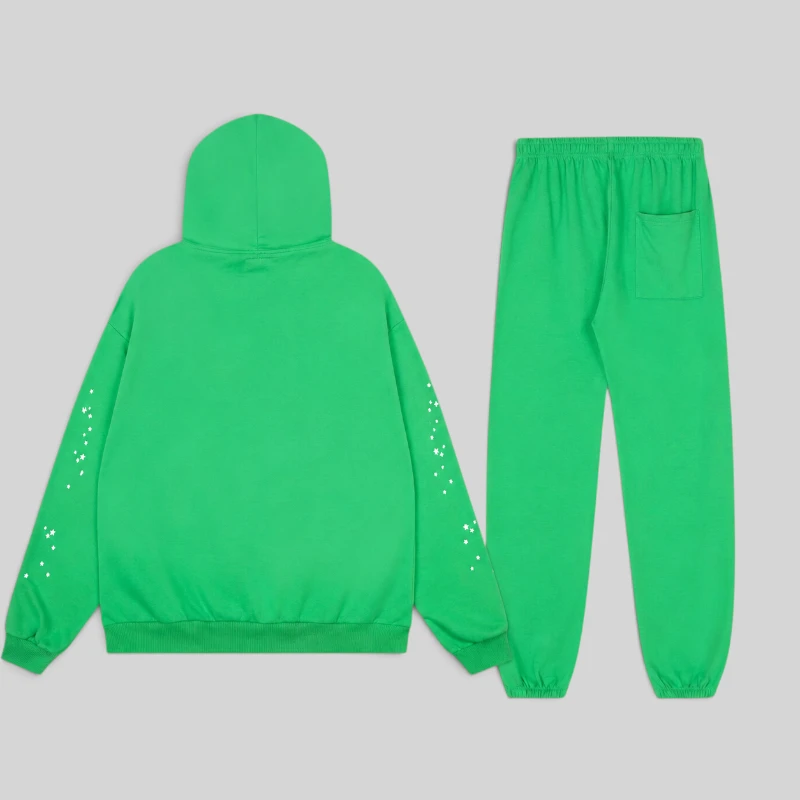 Back view of the Sp5der Punk V2 Rhinestone tracksuit in Bright Green, showcasing the matching hoodie and sweatpants.