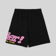 Back view of black Sp5der Punk V2 sweatshorts featuring pink graphic print, raw hem, and a back pocket for streetwear.