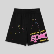 Front view of the Sp5der Punk V2 black fleece sweatshorts with multicolored star graphics and signature branding.