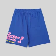 Back view of blue Sp5der Punk V2 sweatshorts featuring signature pink graphic print and functional back pocket.