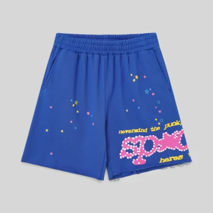 Blue Sp5der Punk V2 sweatshorts featuring pink graphic print on front and raw hem finish for streetwear style.