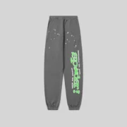Front view of the grey Sp5der Punk V2 sweatpants featuring iconic graphic text and star designs on heavy fleece fabric.