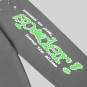 Close up view of the Sp5der Punk V2 grey sweatpants featuring a green puff print graphic with text and star details.