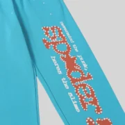 Closeup view of the Sky Blue Sp5der Punk V2 sweatpants featuring signature puff print graphics and white star detailing.