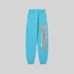 Front view of the Sp5der Punk V2 sweatpants in Sky Blue, featuring heavyweight cotton fleece and signature graphic print.