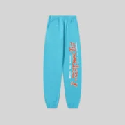 Front view of the Sp5der Punk V2 sweatpants in Sky Blue, featuring heavyweight cotton fleece and signature graphic print.