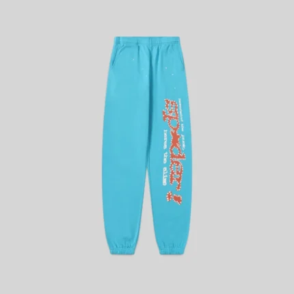 Front view of the Sp5der Punk V2 sweatpants in Sky Blue, featuring heavyweight cotton fleece and signature graphic print.