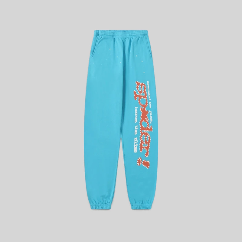 Front view of the Sp5der Punk V2 sweatpants in Sky Blue, featuring heavyweight cotton fleece and signature graphic print.