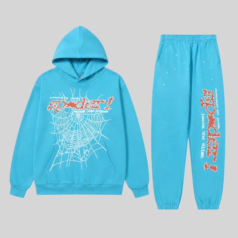 Sp5der Punk V2 Tracksuit in Sky Blue featuring premium 13oz cotton fleece with signature spider web and logo graphics.