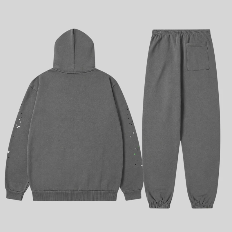 Sp5der Punk V2 Tracksuit in Grey shown from the back, featuring a heavyweight cotton hoodie and matching sweatpants.
