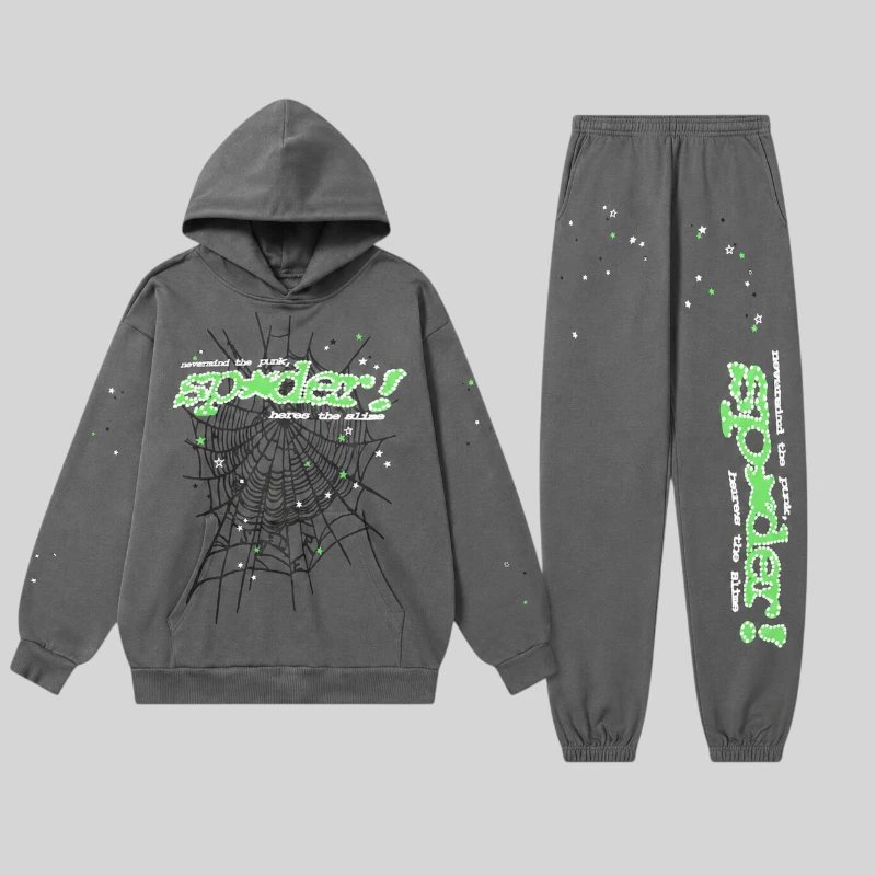 Front view of the grey Sp5der Punk V2 tracksuit set featuring a hoodie and matching sweatpants with web graphics.