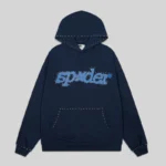 Sp5der Punk V3 Studded Hoodie 'Blue' front view
