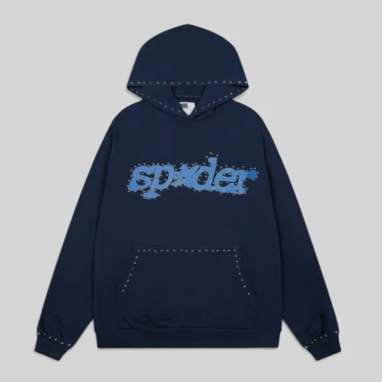 Sp5der Punk V3 Studded Hoodie 'Blue' front view