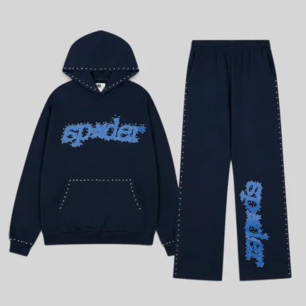 Front view of the Sp5der Punk V3 studded tracksuit in dark blue, featuring signature branding and hardware details.