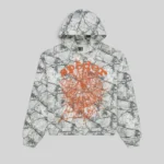 Front view of the Sp5der Realtree OG Web V2 Zip Hoodie in white camo with orange puff print web graphic and text.
