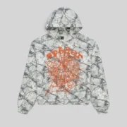 Front view of the Sp5der Realtree OG Web V2 Zip Hoodie in white camo with orange puff print web graphic and text.