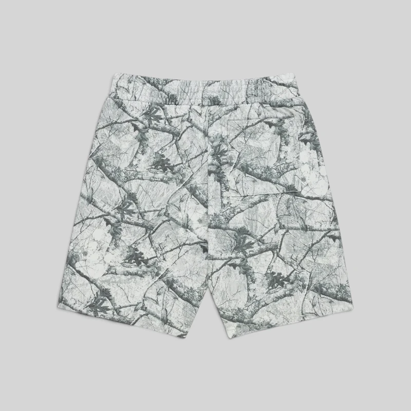 Back view of the Sp5der Realtree OG Web V2 Zip Shorts in White Camo made from heavyweight 13oz cotton fleece fabric.
