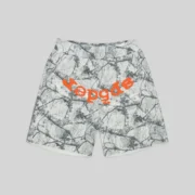 Front view of Sp5der Realtree OG Web V2 Zip Shorts in white camo with orange branding detail on a plain background.