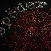 Close-up view of the black Sp5der Rhinestone OG Web V2 Hoodie featuring a red crystal spider web graphic design.