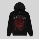 Front view of the Sp5der Rhinestone OG Web V2 Hoodie in black, featuring a sparkling red crystal spider web graphic.