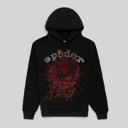 Front view of the Sp5der Rhinestone OG Web V2 Hoodie in black, featuring a sparkling red crystal spider web graphic.